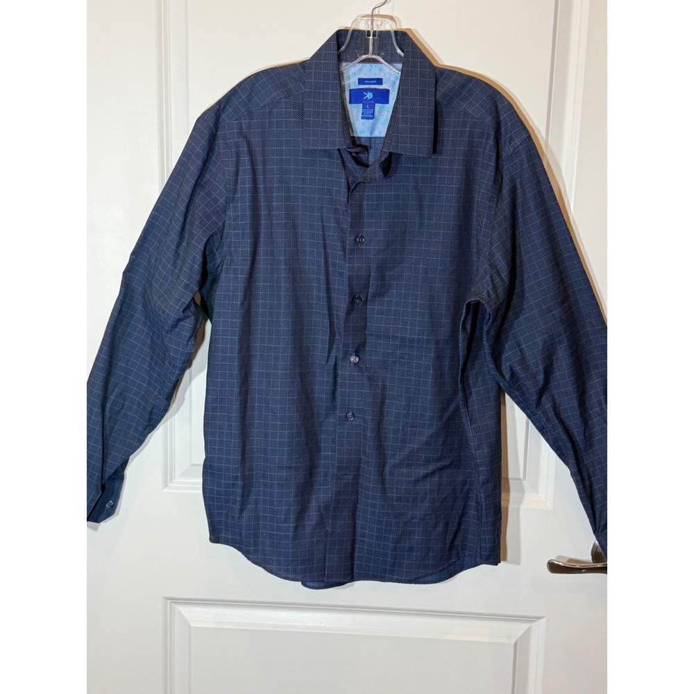 EGARA Mens Navy Blue Plaid Non Iron Dress Shirt L Long Sleeve Button Down